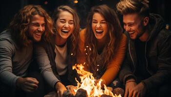 ai generado grupo de joven adultos disfrutando un alegre hoguera fiesta juntos generado por ai foto