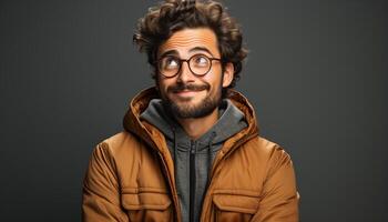 ai generado un alegre joven hombre con un barba, sonriente con confianza a cámara generado por ai foto