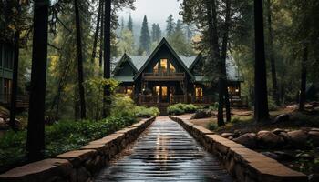 AI generated The old hut in the forest exudes tranquility and mystery generated by AI photo