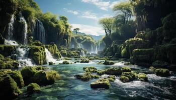 AI generated Majestic mountain landscape, tranquil waterfall, green forest, flowing water generated by AI photo