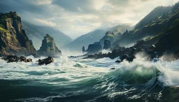 AI generated Majestic mountain peak, wave splashing on rocky coastline generated by AI photo