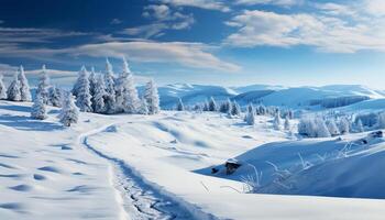 AI generated Tranquil winter landscape  snowy mountains, blue sky, and frozen trees generated by AI photo