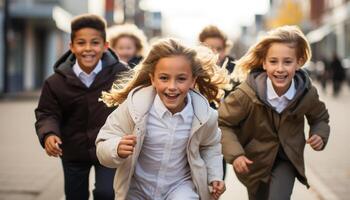 ai generado un grupo de alegre niños, sonriente y jugando al aire libre generado por ai foto