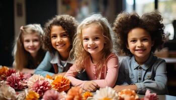 AI generated Group of children smiling, bonding, learning in a colorful classroom generated by AI photo