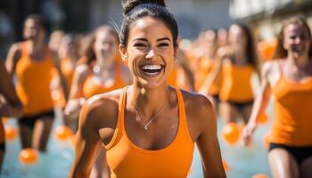 AI generated A group of young adults smiling, enjoying outdoor sports together generated by AI photo