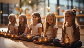 ai generado sonriente chicas, alegre Niños, linda niños solo, celebrando adentro generado por ai foto