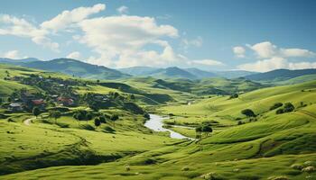 AI generated Idyllic meadow, rolling landscape, tranquil scene, green grass, mountain peak generated by AI photo