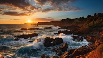 ai generado puesta de sol terminado el línea costera, olas rotura en rocoso acantilados generado por ai foto