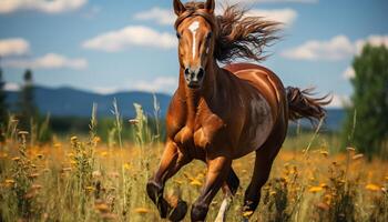 AI generated Running stallion in meadow, enjoying freedom and nature beauty generated by AI photo