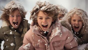 ai generado sonriente niños jugando en el nieve, alegre y despreocupado generado por ai foto