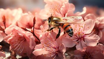 AI generated Busy honey bee pollinating a vibrant collection of flowers generated by AI photo