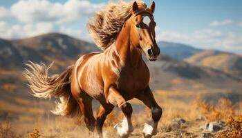 AI generated Running stallion in meadow, freedom in nature tranquil beauty generated by AI photo