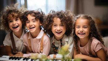 ai generado cuatro niños, contento y juguetón, sentado adentro, sonriente a cámara generado por ai foto