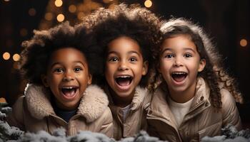 AI generated Smiling child, cheerful girls, cute boys, happiness in winter generated by AI photo