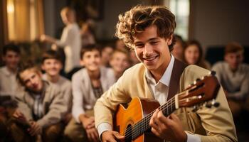 ai generado sonriente guitarrista jugando guitarra, músico aprendizaje adentro con felicidad generado por ai foto