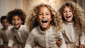 ai generado sonriente muchachas y Niños, alegre y lindo, adentro teniendo divertido generado por ai foto