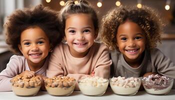 ai generado sonriente niños horneando galletas, alegre unión en dulce celebracion generado por ai foto