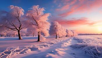 AI generated Winter landscape  snow covered forest, tranquil sunset, frozen beauty in nature generated by AI photo