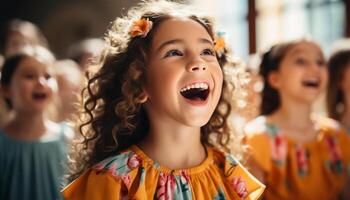 ai generado grupo de niños jugando al aire libre, sonriente y mirando a cámara generado por ai foto