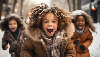 AI generated Smiling girls playing in the snow, cheerful winter fun outdoors generated by AI photo