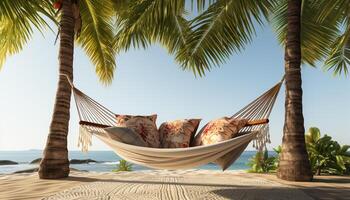 ai generado relajante verano vacaciones en tropical paraíso, palma arboles y hamacas generado por ai foto