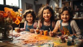 ai generado sonriente muchachas pintura juntos, creando vistoso Arte con alegría generado por ai foto