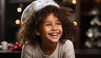 ai generado alegre niño, linda Rizado peludo chica, sonriente, disfrutando Navidad celebracion generado por ai foto