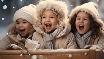 AI generated Smiling children playing in the snow, joyful winter fun outdoors generated by AI photo