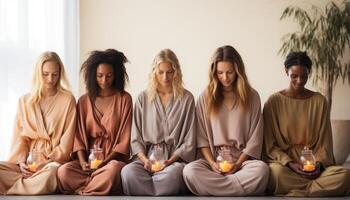 AI generated A group of smiling people meditating, enjoying spiritual togetherness generated by AI photo