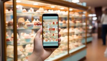 ai generado cliente elegir comestibles en supermercado utilizando teléfono inteligente para pago generado por ai foto