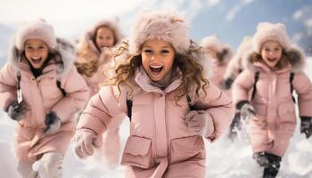 AI generated Smiling girls playing in snow, enjoying winter cheerful fun generated by AI photo