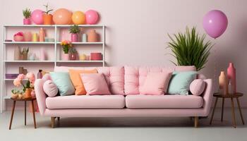 AI generated Modern apartment with comfortable sofa, elegant decoration, and bright colors generated by AI photo