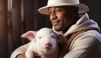 ai generado un linda cerdito mirando a el cámara, sonriente con felicidad generado por ai foto