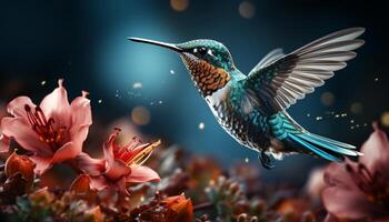 AI generated Hummingbird hovers, spreads wings, pollinates flower in vibrant nature generated by AI photo