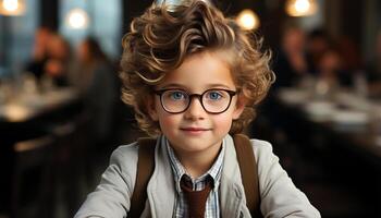 ai generado un lindo, sonriente chico con rubio pelo sentado a un mesa generado por ai foto