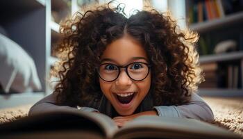 ai generado joven mujer leyendo libro, sonriente, adentro, disfrutando relajación y aprendizaje generado por ai foto