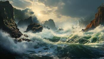 AI generated Nature beauty  wave crashes on rocky coastline at sunset generated by AI photo