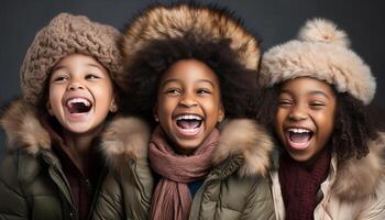 AI generated Smiling young women in warm clothing enjoy winter outdoors generated by AI photo