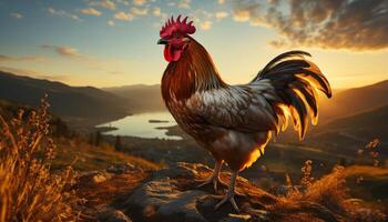 ai generado gallo soportes majestuoso, rodeado por naturaleza belleza a amanecer generado por ai foto