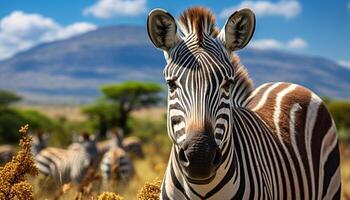 AI generated Zebra herd grazing in African savannah, nature striped beauty generated by AI photo