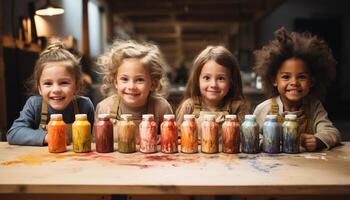 AI generated Smiling children painting together, creating colorful art in classroom generated by AI photo