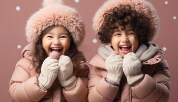 ai generado dos alegre muchachas en calentar ropa jugando en el nieve generado por ai foto