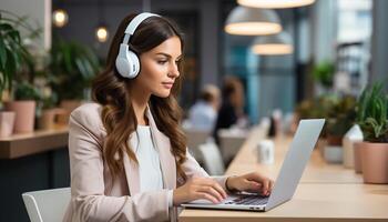 AI generated Young woman working indoors, using laptop and wireless headphones generated by AI photo