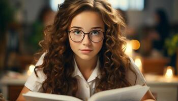 ai generado un joven mujer estudiando, sonriente, rodeado por libros a hogar generado por ai foto