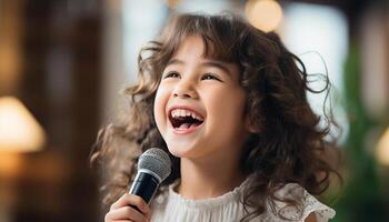 ai generado sonriente niño cantando, disfrutando música, juguetón y despreocupado al aire libre generado por ai foto