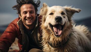 AI generated A cheerful man and his dog embrace, enjoying winter outdoors generated by AI photo