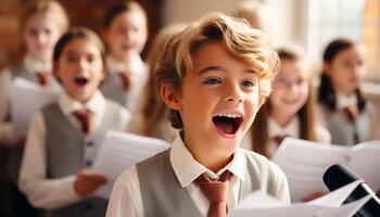 ai generado un grupo de sonriente niños estudiando en un salón de clases generado por ai foto