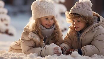 ai generado sonriente niños jugando en el nieve, disfrutando invierno escarchado divertido generado por ai foto