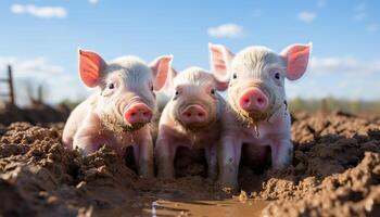 ai generado linda rosado lechones pasto en un lodoso granja prado generado por ai foto