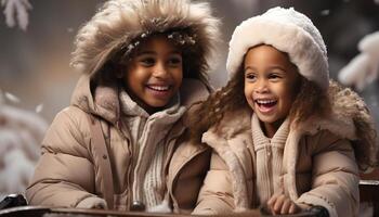 AI generated Two cheerful girls, one African and one Caucasian, playing in snow generated by AI photo